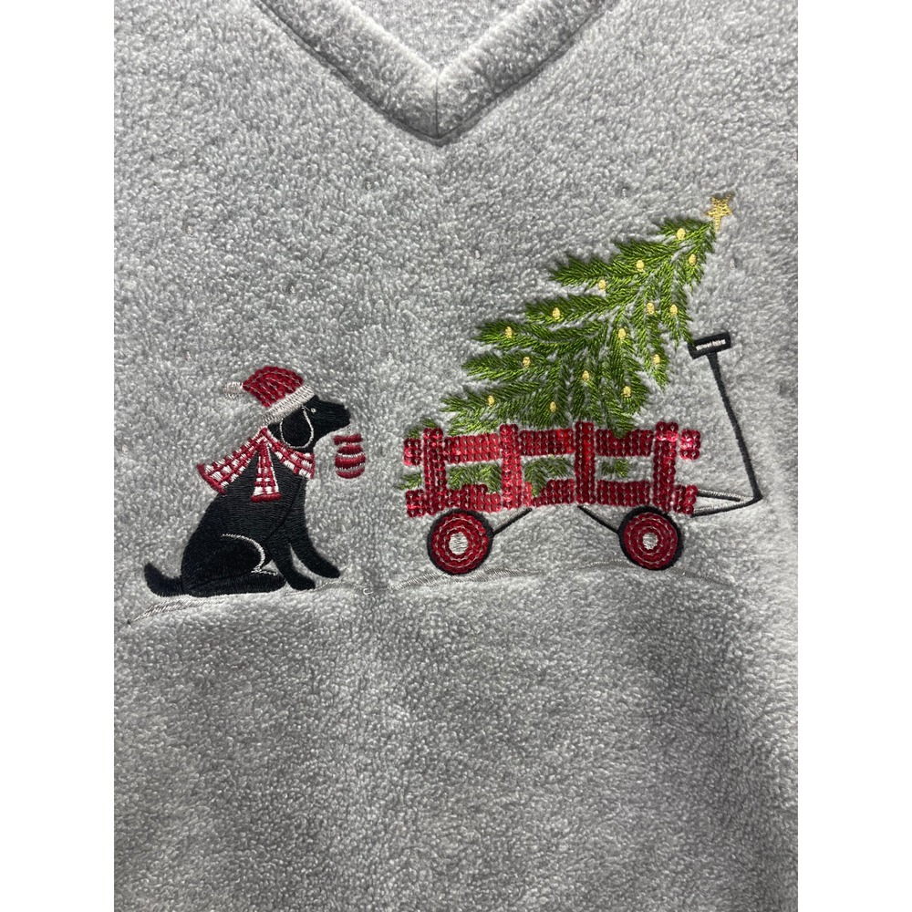 Quacker Factory Christmas Dog Fleece Sweatshirt XL Gray V-Neck Holiday Pullover - Picture 3 of 5